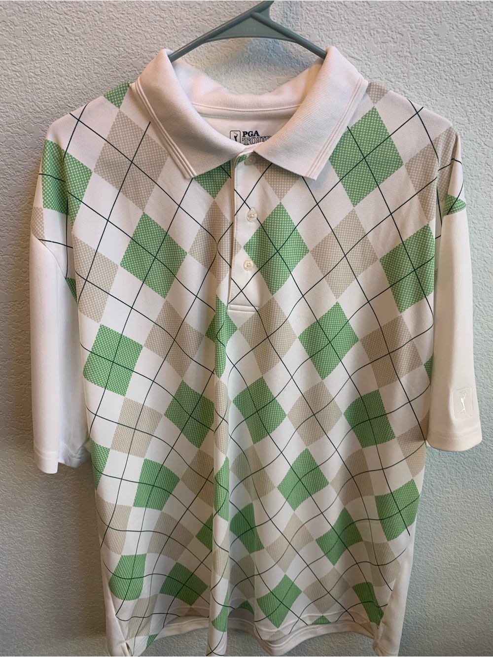 PGA TOUR White Polo with Green and Cream Argyle